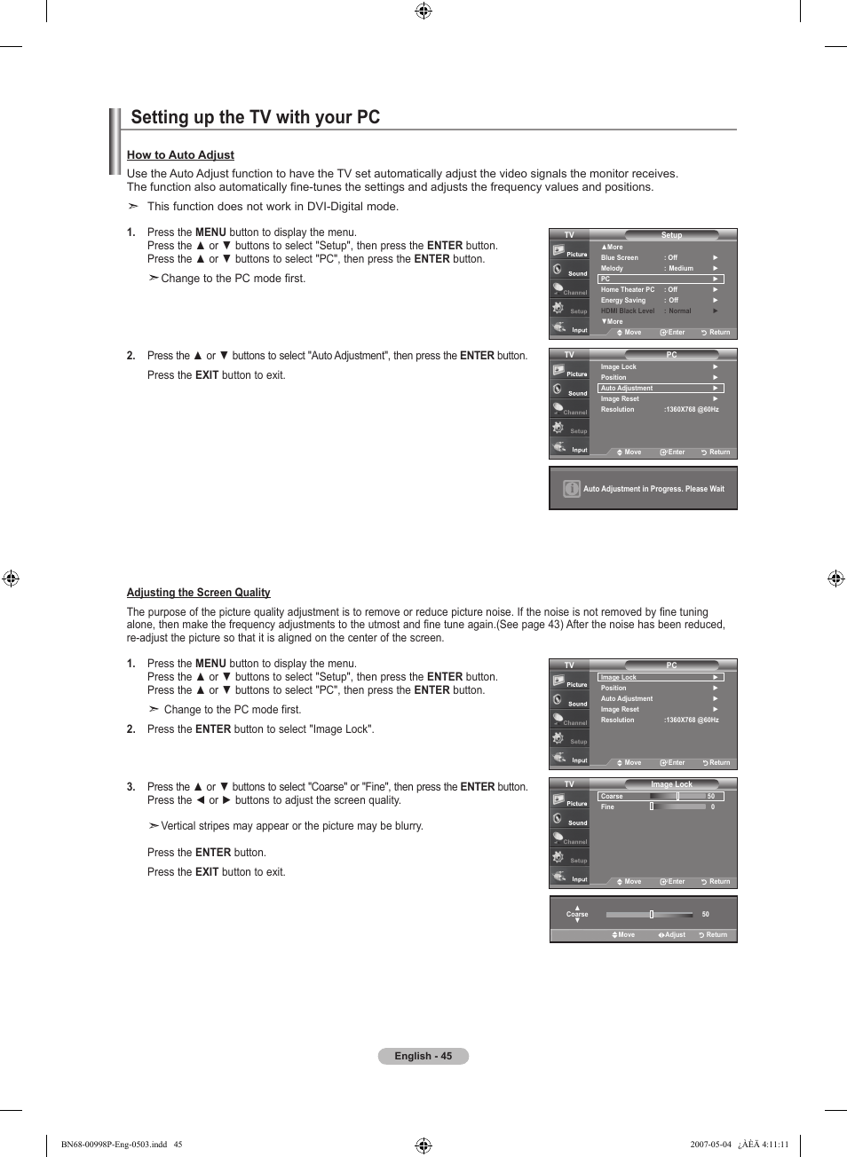 Setting up the tv with your pc, This function does not work in dvi-digital mode | Samsung LNT325HAX-XAA User Manual | Page 47 / 140