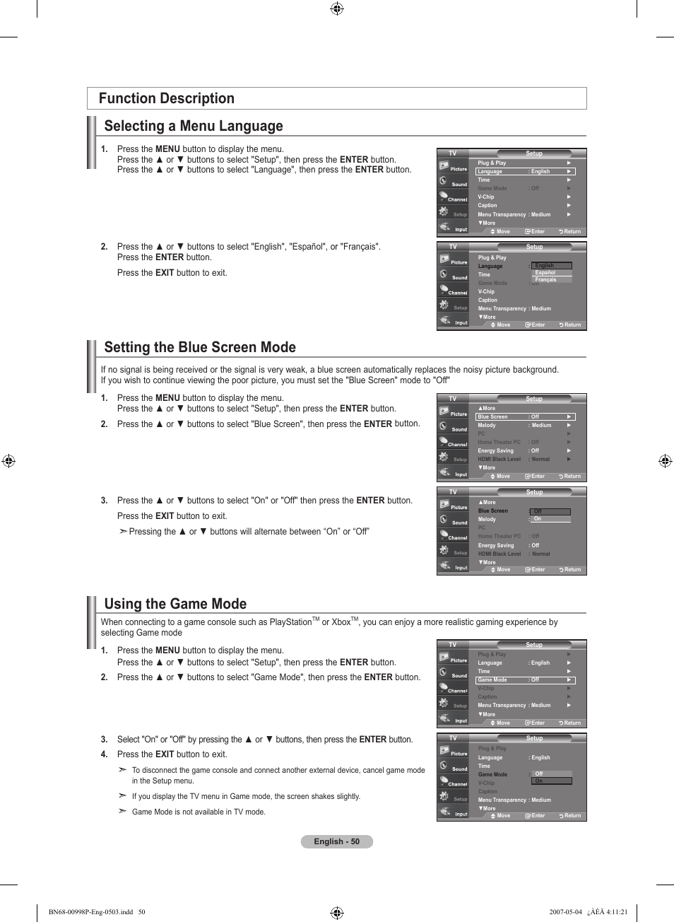 Function description, Selecting a menu language, Setting the blue screen mode | Using the game mode, Or xbox | Samsung LNT325HAX-XAA User Manual | Page 52 / 140