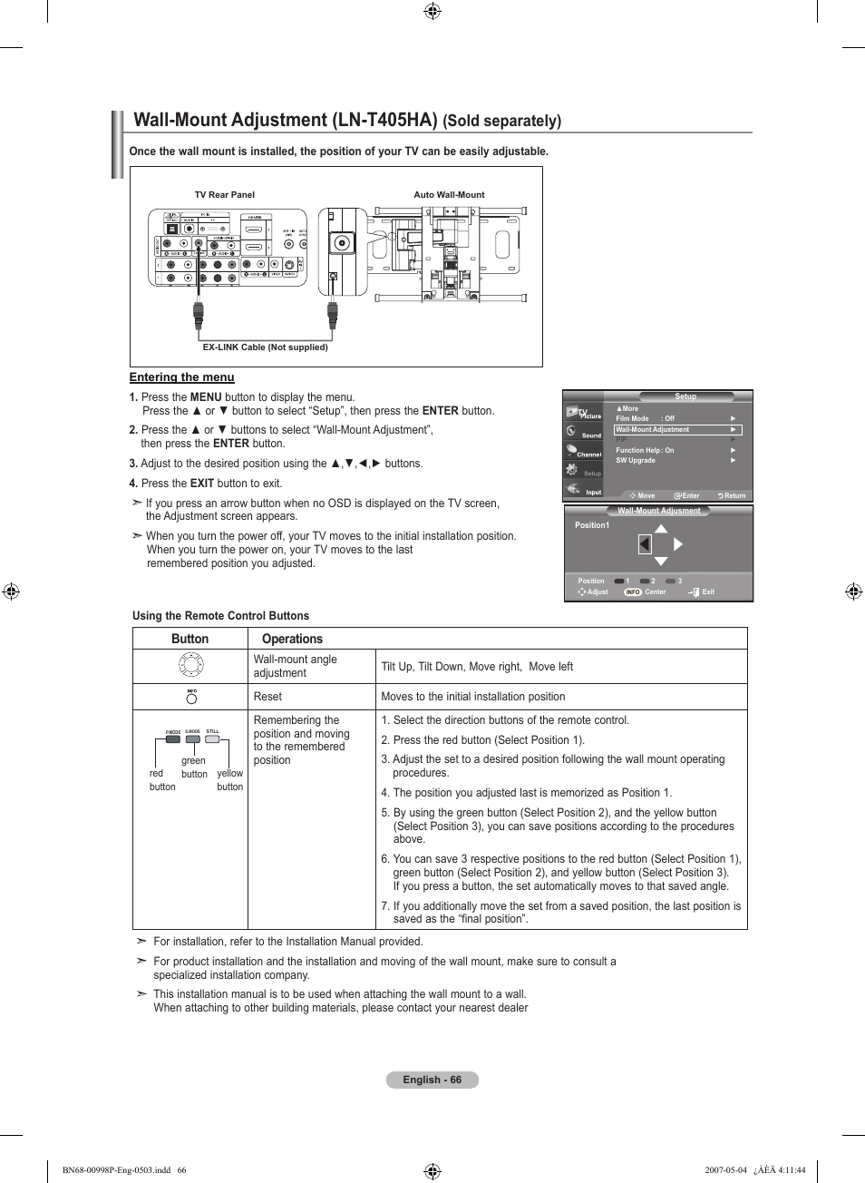 Wall-mount adjustment (ln-t0ha), Sold separately) | Samsung LNT325HAX-XAA User Manual | Page 68 / 140