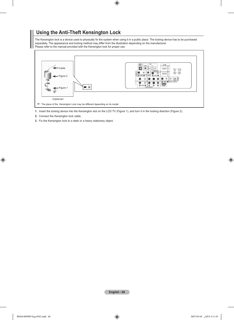 Using the anti-theft kensington lock | Samsung LNT325HAX-XAA User Manual | Page 70 / 140