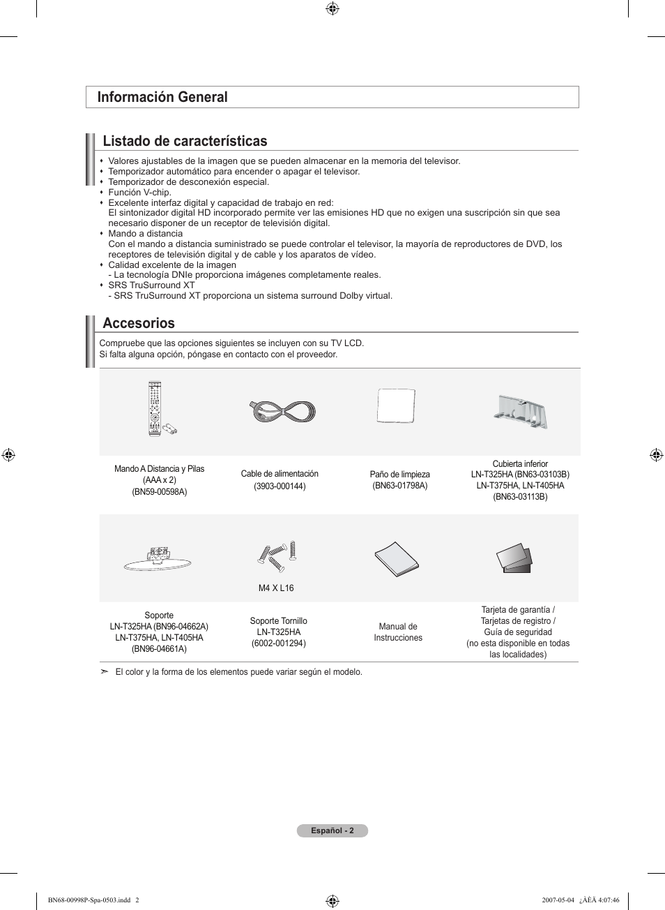 Accesorios, Información general listado de características | Samsung LNT325HAX-XAA User Manual | Page 73 / 140