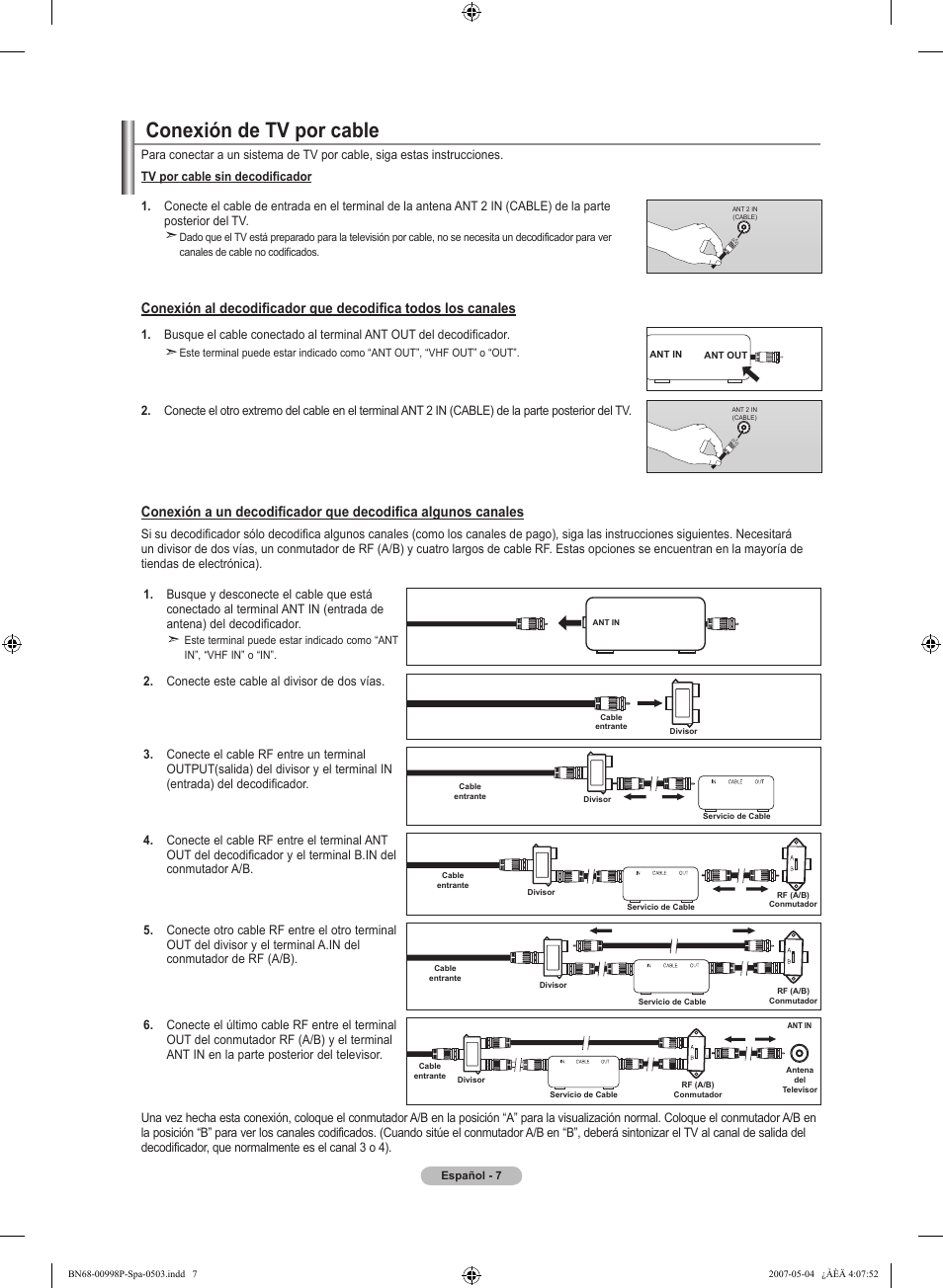 Conexión de tv por cable | Samsung LNT325HAX-XAA User Manual | Page 78 / 140