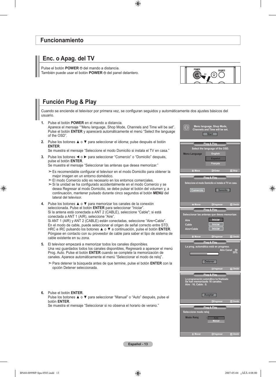 Función plug & play, Enc. o apag. del tv, Funcionamiento | Samsung LNT325HAX-XAA User Manual | Page 84 / 140