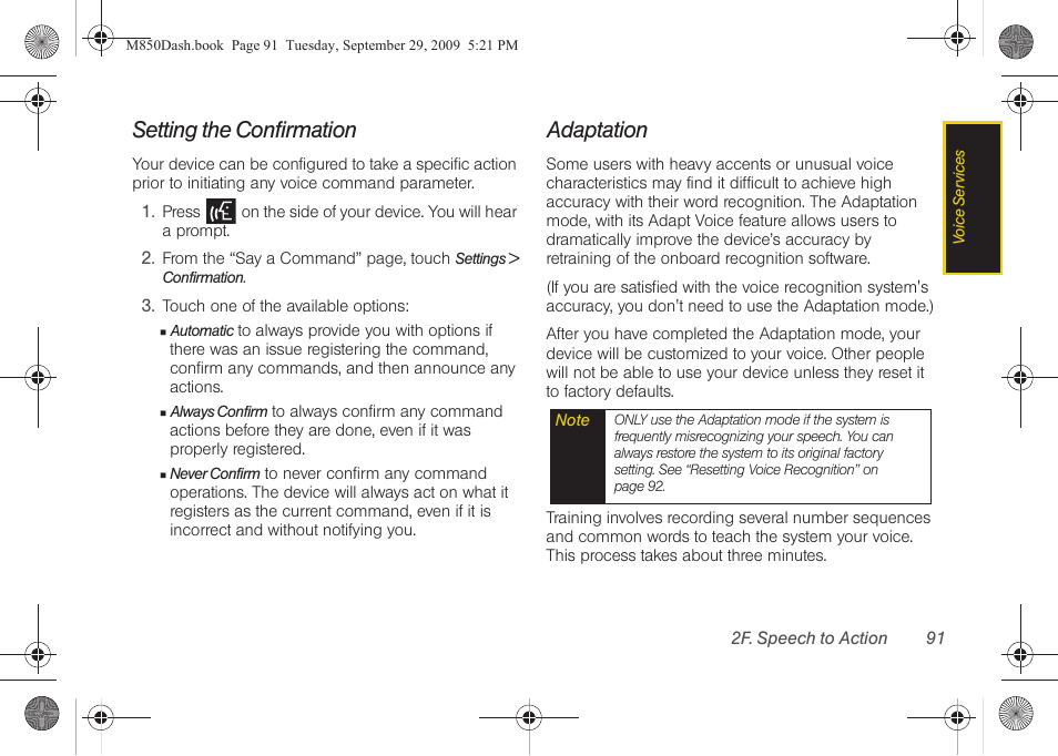 Setting the confirmation, Adaptation | Samsung SPH-M850BSASPR User Manual | Page 103 / 241