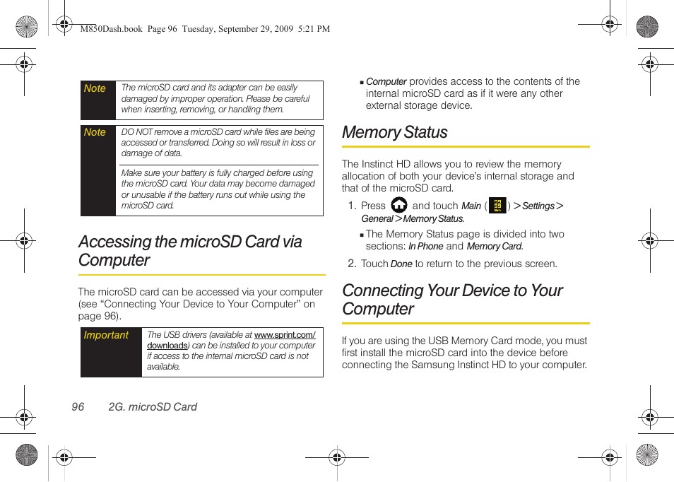 Accessing the microsd card via computer, Memory status, Connecting your device to your computer | Samsung SPH-M850BSASPR User Manual | Page 108 / 241