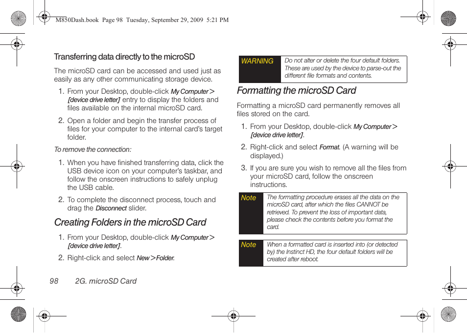 Creating folders in the microsd card, Formatting the microsd card | Samsung SPH-M850BSASPR User Manual | Page 110 / 241