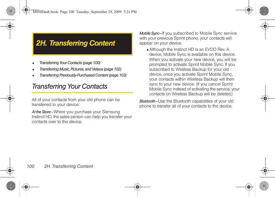 2h. transferring content, Transferring your contacts | Samsung SPH-M850BSASPR User Manual | Page 112 / 241