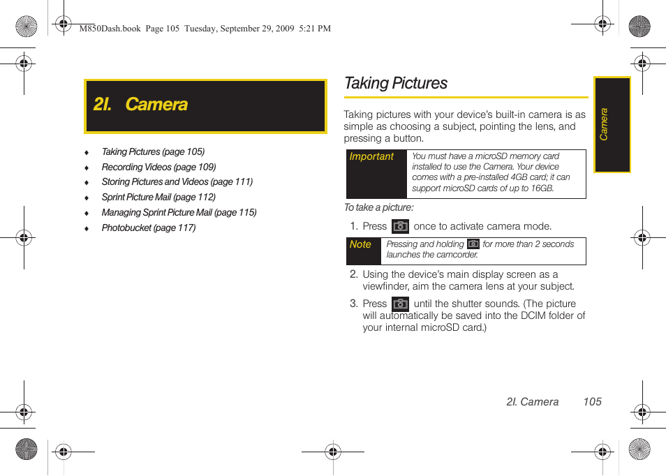 2i. camera, Taking pictures, Camera | Samsung SPH-M850BSASPR User Manual | Page 117 / 241