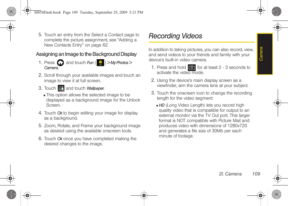 Recording videos | Samsung SPH-M850BSASPR User Manual | Page 121 / 241