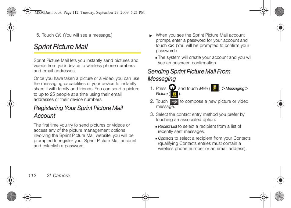 Sprint picture mail, Registering your sprint picture mail account, Sending sprint picture mail from messaging | Samsung SPH-M850BSASPR User Manual | Page 124 / 241