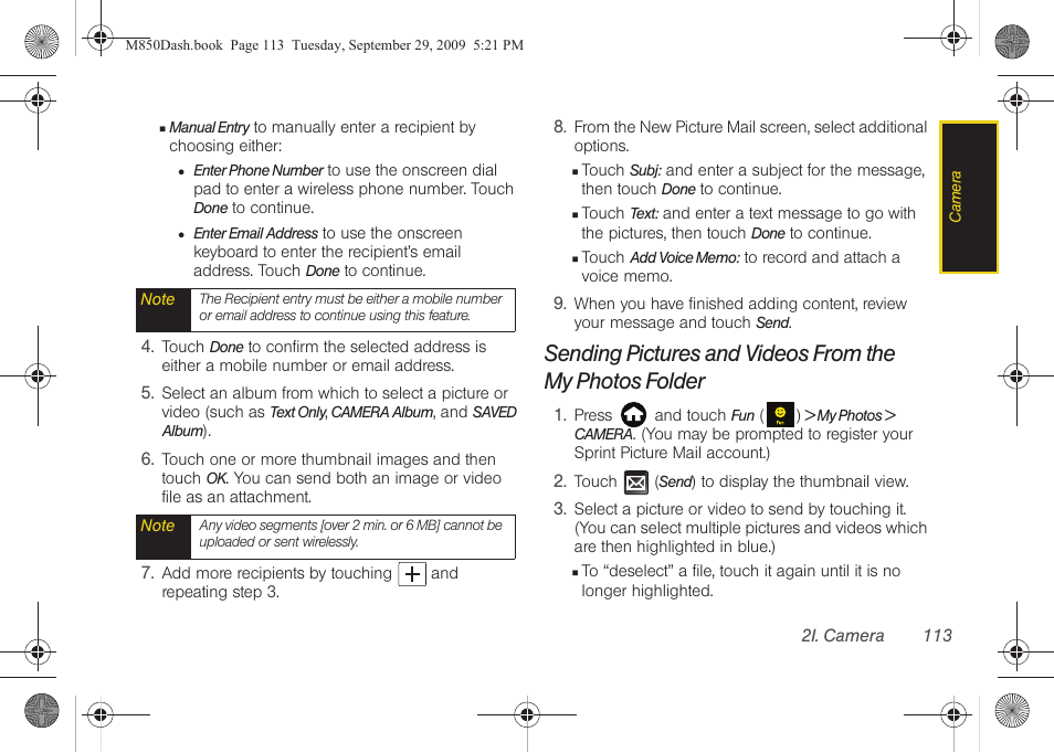 Sending pictures and videos from the, My photos folder | Samsung SPH-M850BSASPR User Manual | Page 125 / 241