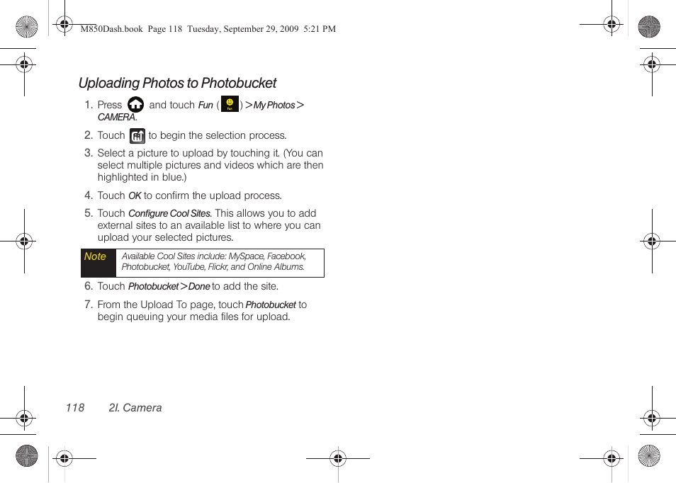 Uploading photos to photobucket | Samsung SPH-M850BSASPR User Manual | Page 130 / 241
