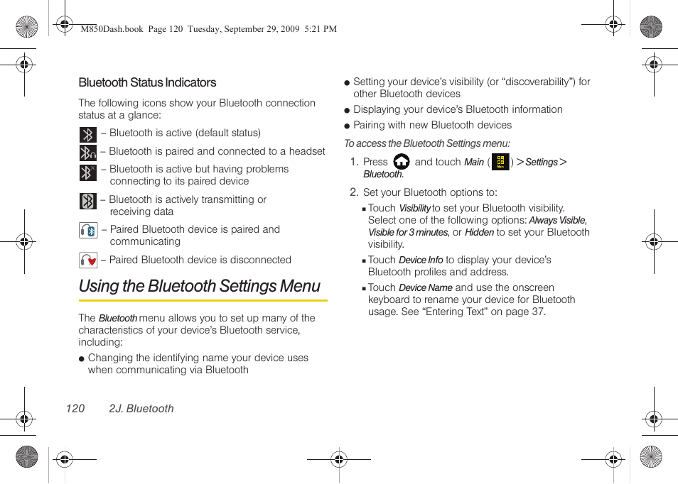 Using the bluetooth settings menu | Samsung SPH-M850BSASPR User Manual | Page 132 / 241