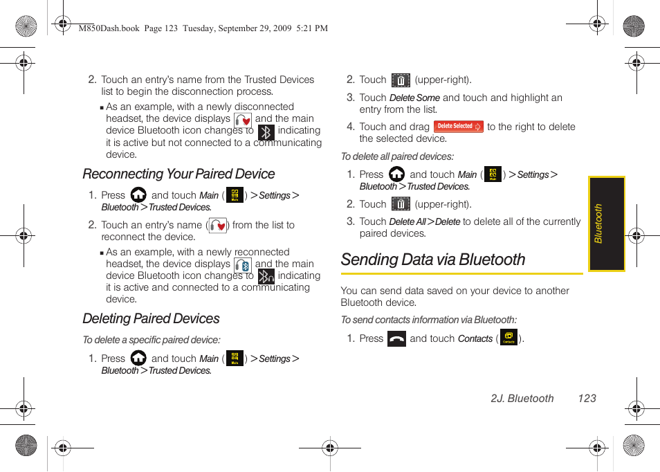 Reconnecting your paired device, Deleting paired devices, Sending data via bluetooth | Samsung SPH-M850BSASPR User Manual | Page 135 / 241