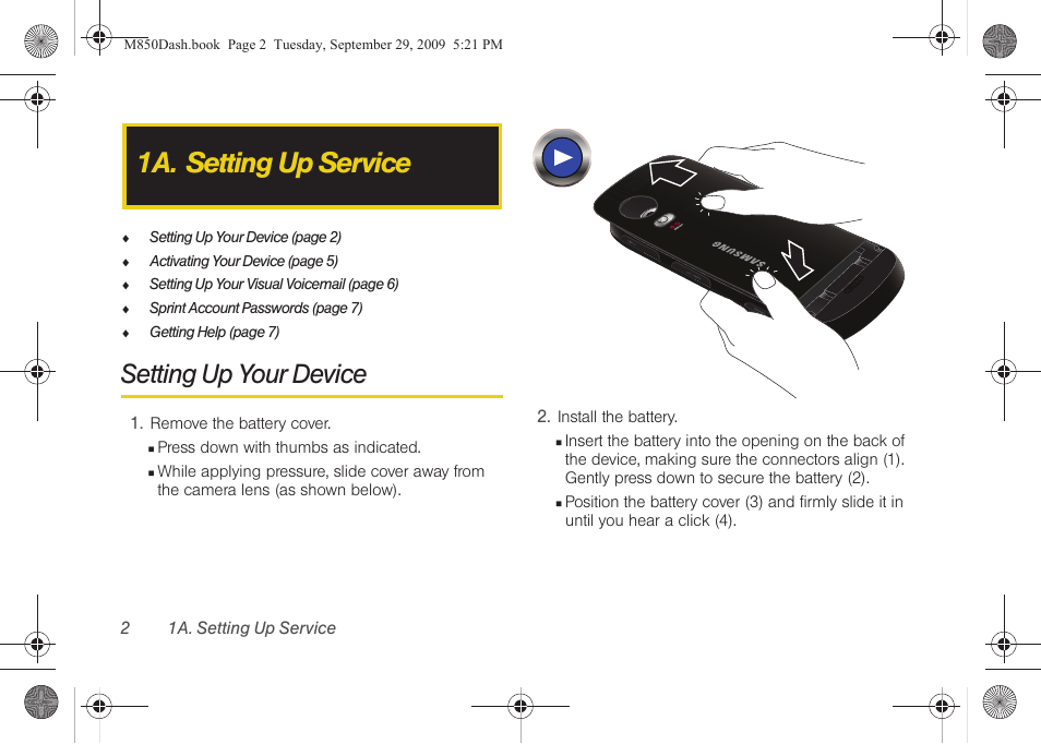 1a. setting up service, Setting up your device | Samsung SPH-M850BSASPR User Manual | Page 14 / 241
