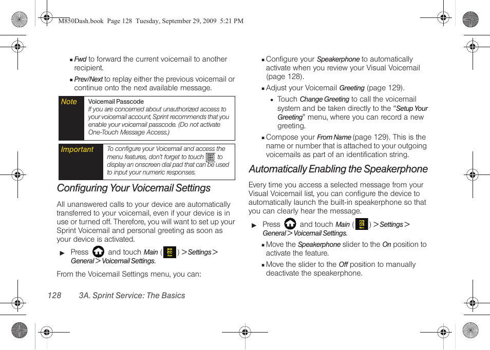 Configuring your voicemail settings, Automatically enabling the speakerphone | Samsung SPH-M850BSASPR User Manual | Page 140 / 241