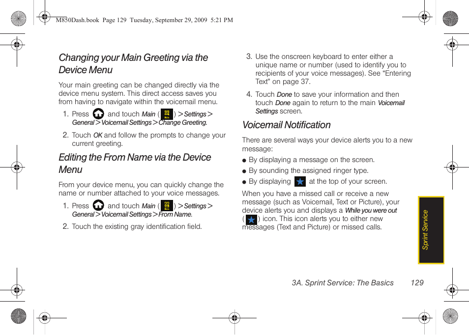 Changing your main greeting via the device menu, Editing the from name via the device menu, Voicemail notification | Samsung SPH-M850BSASPR User Manual | Page 141 / 241