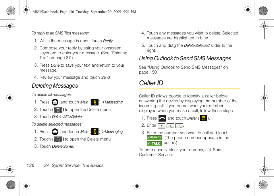 Deleting messages, Using outlook to send sms messages, Caller id | Samsung SPH-M850BSASPR User Manual | Page 148 / 241