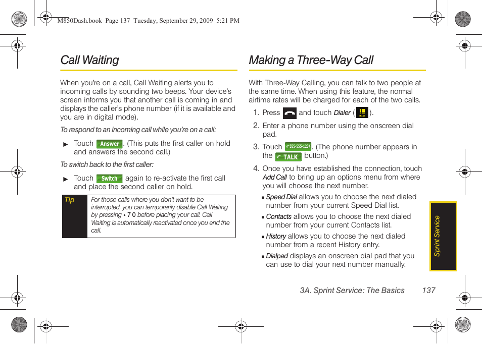 Call waiting, Making a three-way call | Samsung SPH-M850BSASPR User Manual | Page 149 / 241