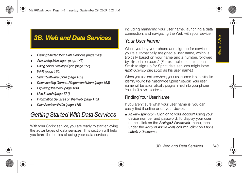 3b. web and data services, Getting started with data services, Your user name | Samsung SPH-M850BSASPR User Manual | Page 155 / 241
