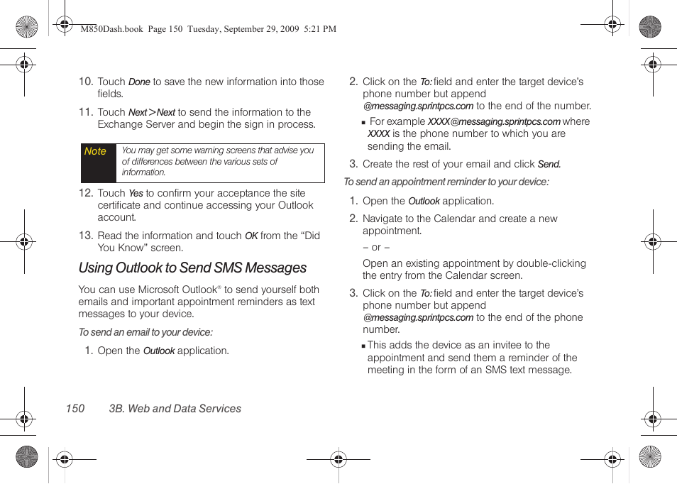 Using outlook to send sms messages | Samsung SPH-M850BSASPR User Manual | Page 162 / 241