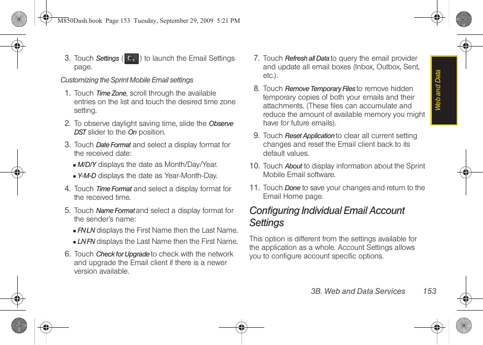 Configuring individual email account settings | Samsung SPH-M850BSASPR User Manual | Page 165 / 241