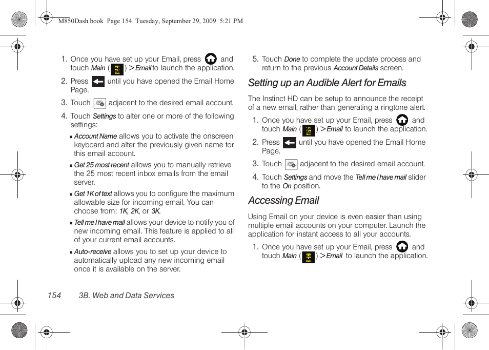 Setting up an audible alert for emails, Accessing email | Samsung SPH-M850BSASPR User Manual | Page 166 / 241