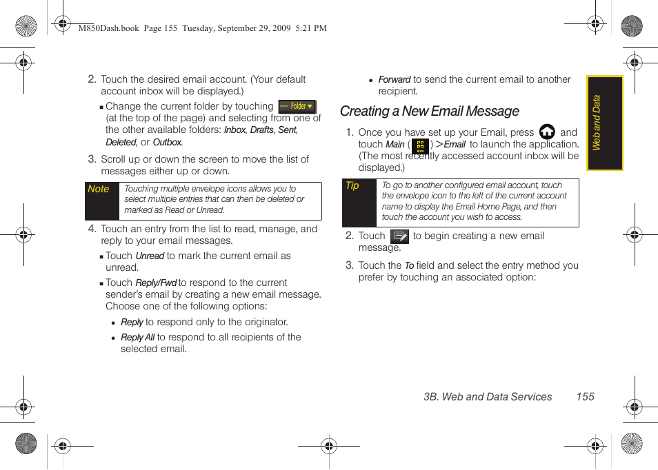 Creating a new email message | Samsung SPH-M850BSASPR User Manual | Page 167 / 241