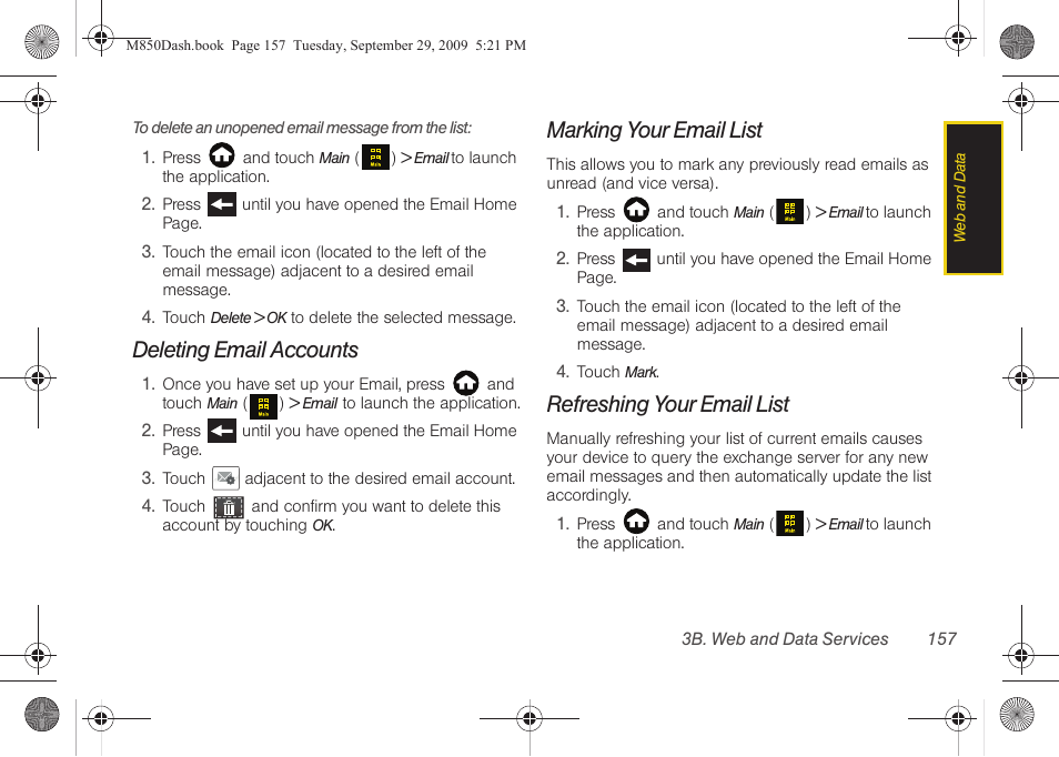 Deleting email accounts, Marking your email list, Refreshing your email list | Samsung SPH-M850BSASPR User Manual | Page 169 / 241