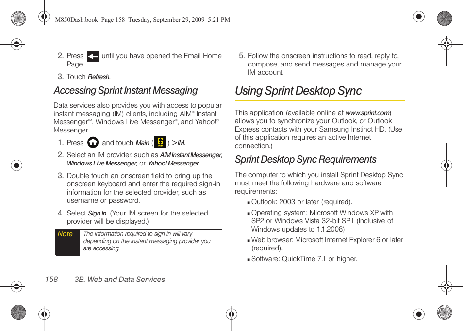 Accessing sprint instant messaging, Using sprint desktop sync, Sprint desktop sync requirements | Samsung SPH-M850BSASPR User Manual | Page 170 / 241