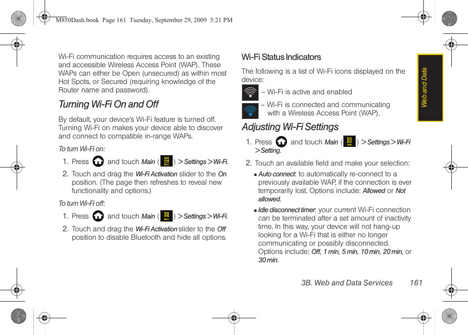 Turning wi-fi on and off, Adjusting wi-fi settings | Samsung SPH-M850BSASPR User Manual | Page 173 / 241