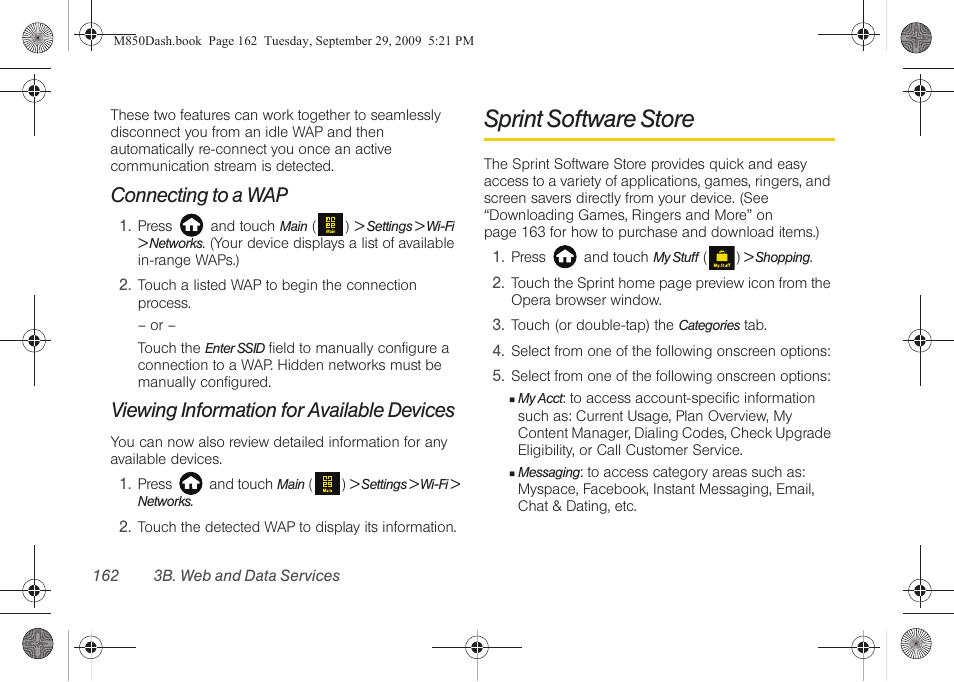 Connecting to a wap, Viewing information for available devices, Sprint software store | Samsung SPH-M850BSASPR User Manual | Page 174 / 241
