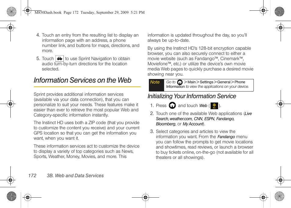 Information services on the web, Initializing your information service | Samsung SPH-M850BSASPR User Manual | Page 184 / 241