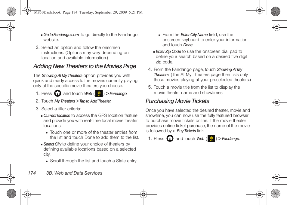 Purchasing movie tickets, Adding new theaters to the movies page | Samsung SPH-M850BSASPR User Manual | Page 186 / 241