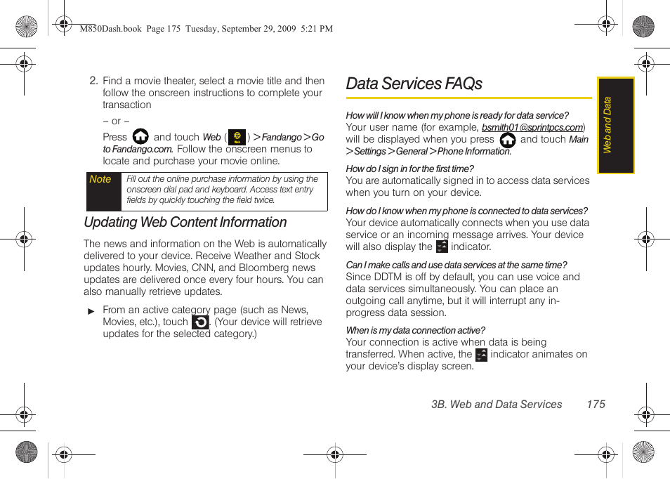 Updating web content information, Data services faqs | Samsung SPH-M850BSASPR User Manual | Page 187 / 241