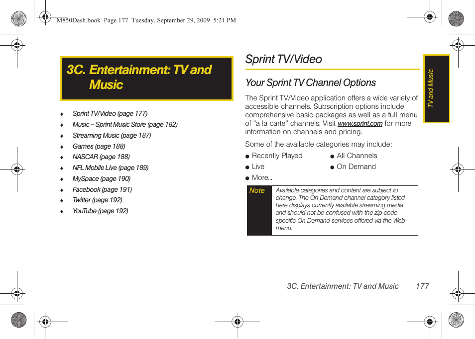 3c. entertainment: tv and music, Sprint tv/video, Your sprint tv channel options | Samsung SPH-M850BSASPR User Manual | Page 189 / 241