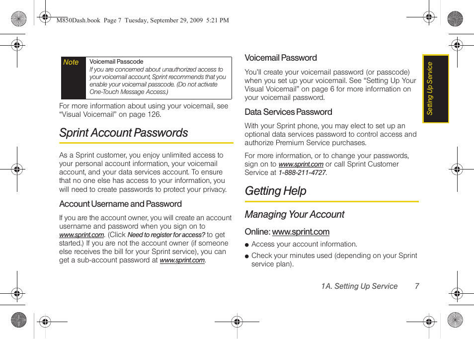 Sprint account passwords, Getting help, Managing your account | Samsung SPH-M850BSASPR User Manual | Page 19 / 241