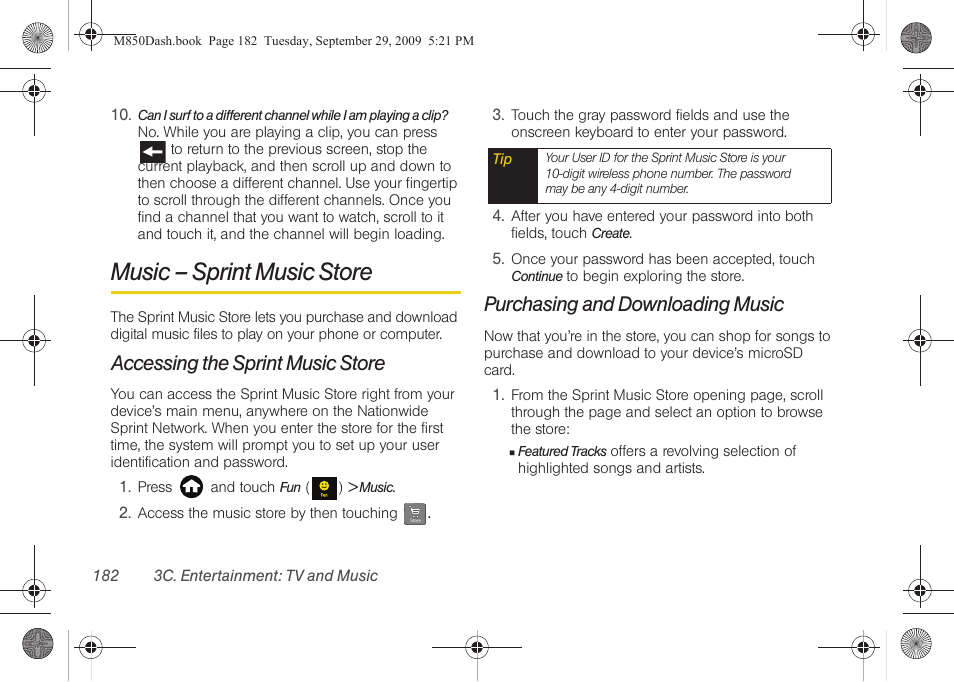 Music – sprint music store, Accessing the sprint music store, Purchasing and downloading music | Samsung SPH-M850BSASPR User Manual | Page 194 / 241