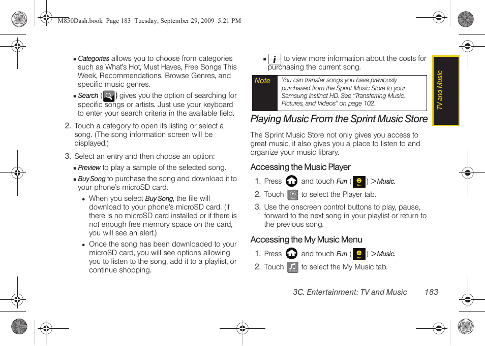 Playing music from the sprint music store | Samsung SPH-M850BSASPR User Manual | Page 195 / 241