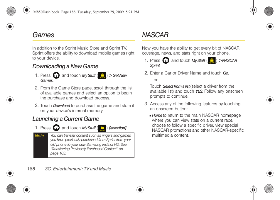 Games, Downloading a new game, Launching a current game | Nascar | Samsung SPH-M850BSASPR User Manual | Page 200 / 241