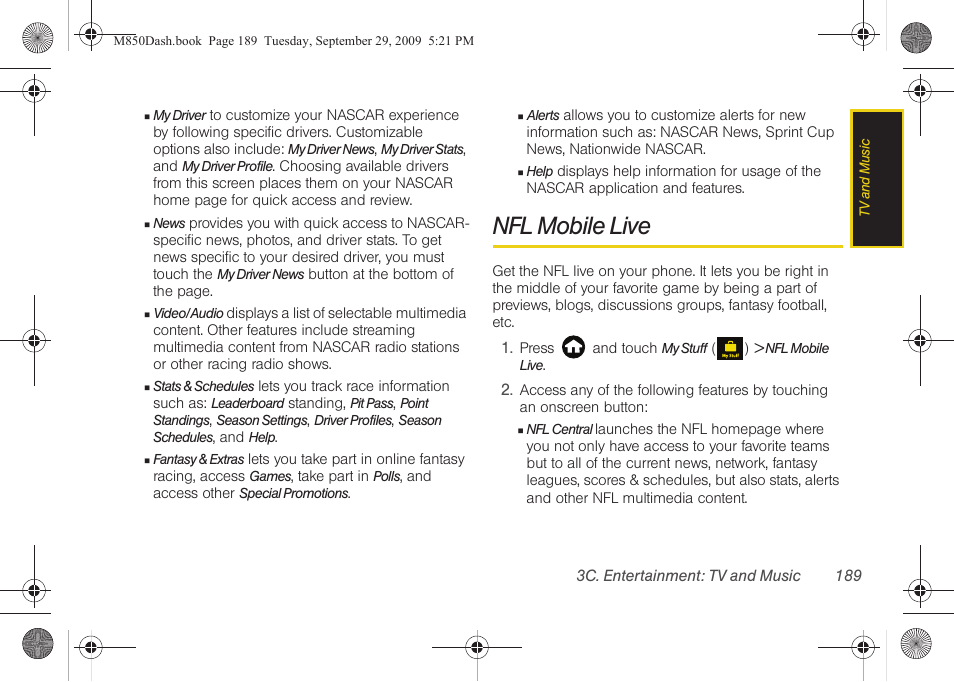 Nfl mobile live | Samsung SPH-M850BSASPR User Manual | Page 201 / 241