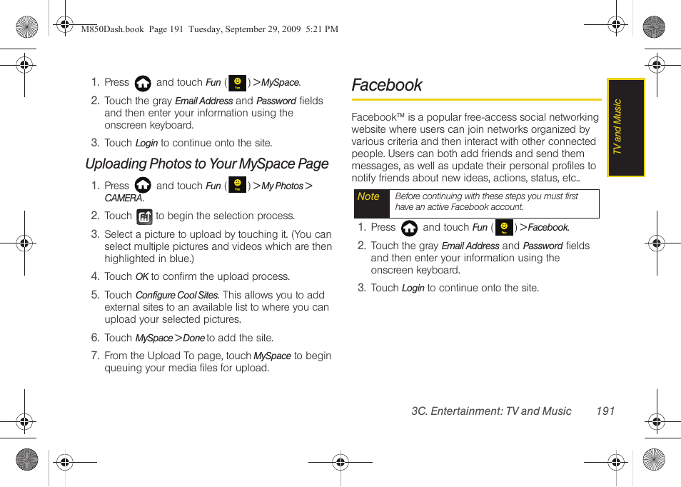 Facebook, Uploading photos to your myspace page | Samsung SPH-M850BSASPR User Manual | Page 203 / 241