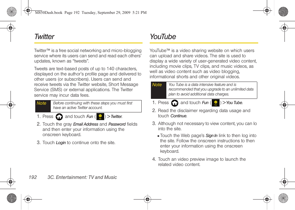 Twitter, Youtube | Samsung SPH-M850BSASPR User Manual | Page 204 / 241