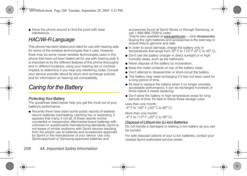 Hac/wi-fi language, Caring for the battery | Samsung SPH-M850BSASPR User Manual | Page 220 / 241