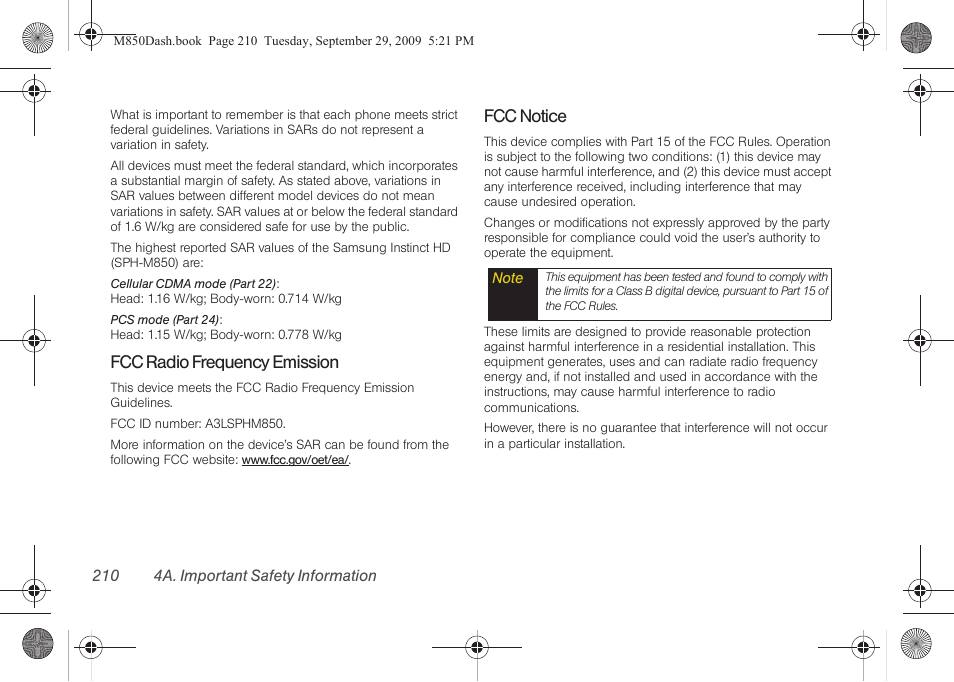 Fcc radio frequency emission, Fcc notice | Samsung SPH-M850BSASPR User Manual | Page 222 / 241