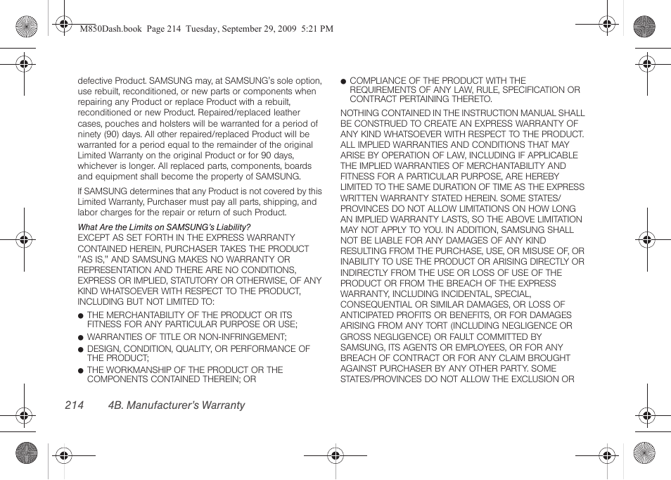 214 4b. manufacturer’s warranty | Samsung SPH-M850BSASPR User Manual | Page 226 / 241