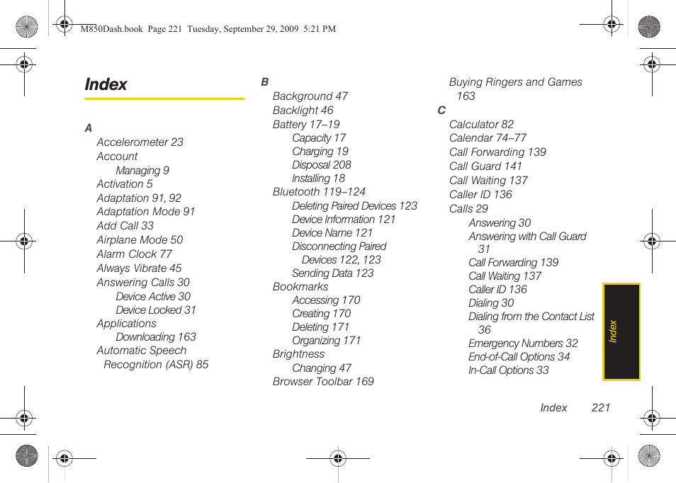 Index | Samsung SPH-M850BSASPR User Manual | Page 233 / 241