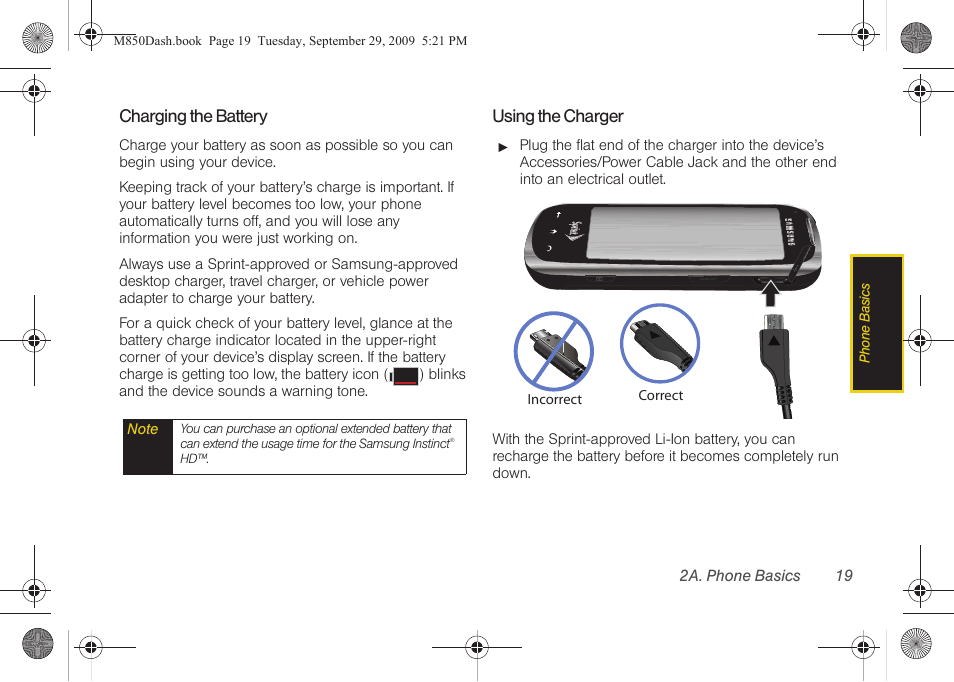 Charging the battery, Using the charger | Samsung SPH-M850BSASPR User Manual | Page 31 / 241