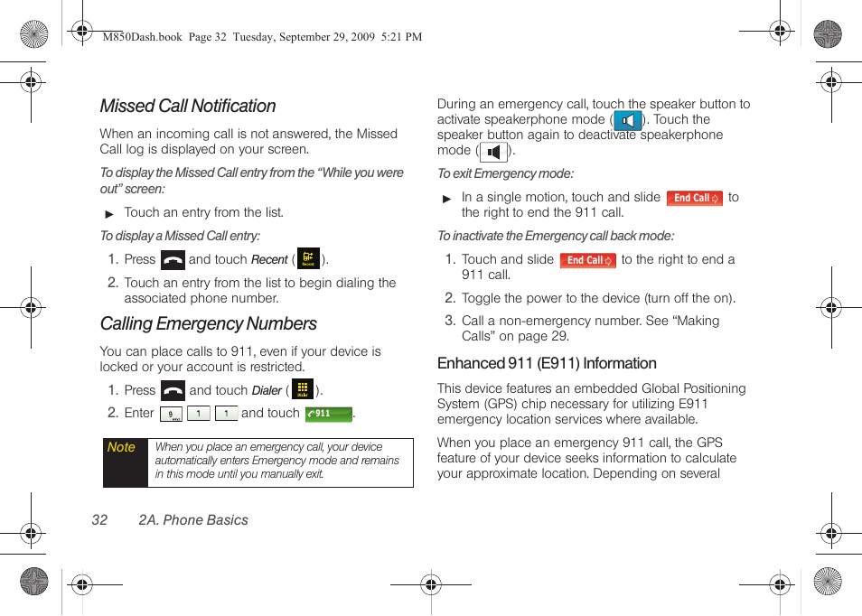 Missed call notification, Calling emergency numbers | Samsung SPH-M850BSASPR User Manual | Page 44 / 241