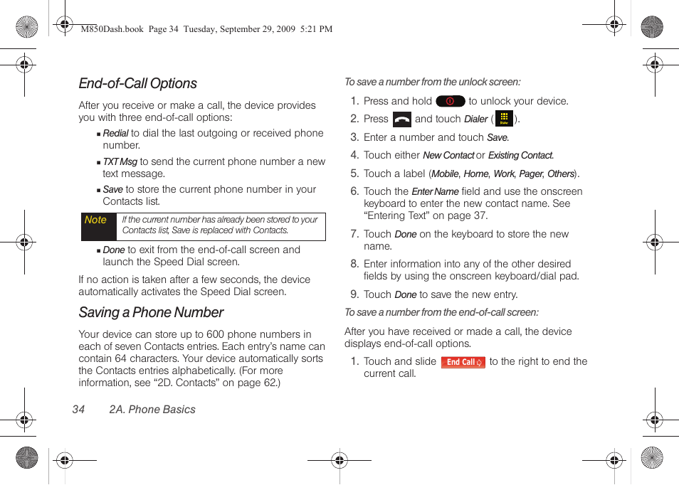 End-of-call options, Saving a phone number | Samsung SPH-M850BSASPR User Manual | Page 46 / 241